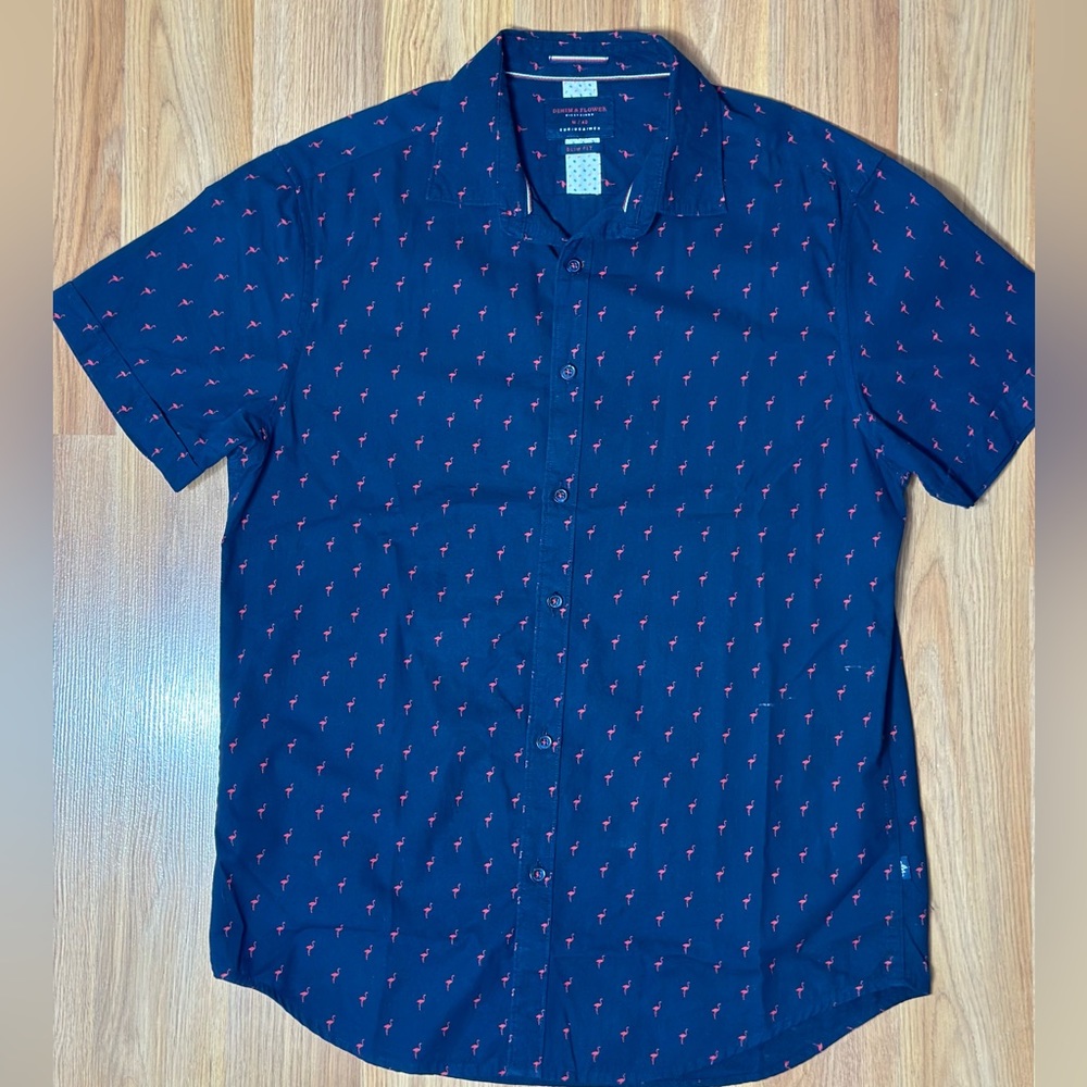 Denim & Flowers Ricky Sing Shirt   Navy Blue Red Flamingo Printed Slim Fit M